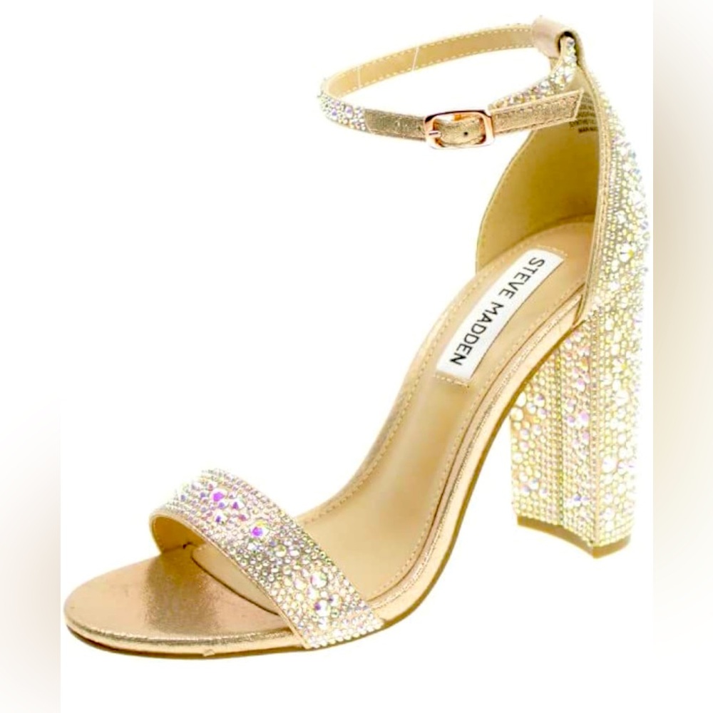 Steve Madden Carrson-R Gold Rhinestone Ankle Strap Block Heels Size 9